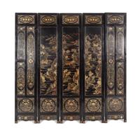 A Chinese Jade and Hardstone Inlaid Black Lacquered Five-Panel Floor Screen