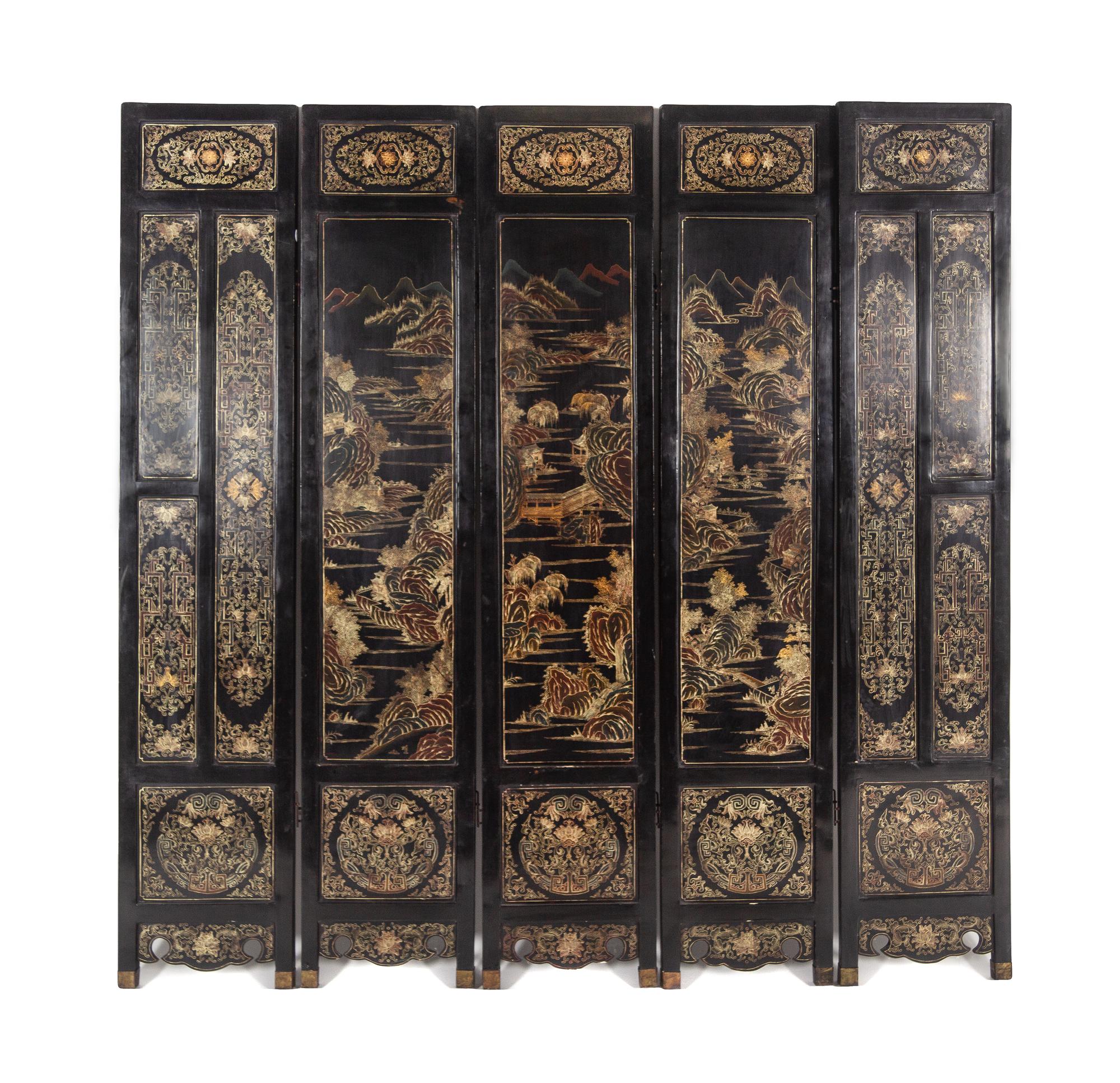A Chinese Jade and Hardstone Inlaid Black Lacquered Five-Panel Floor Screen