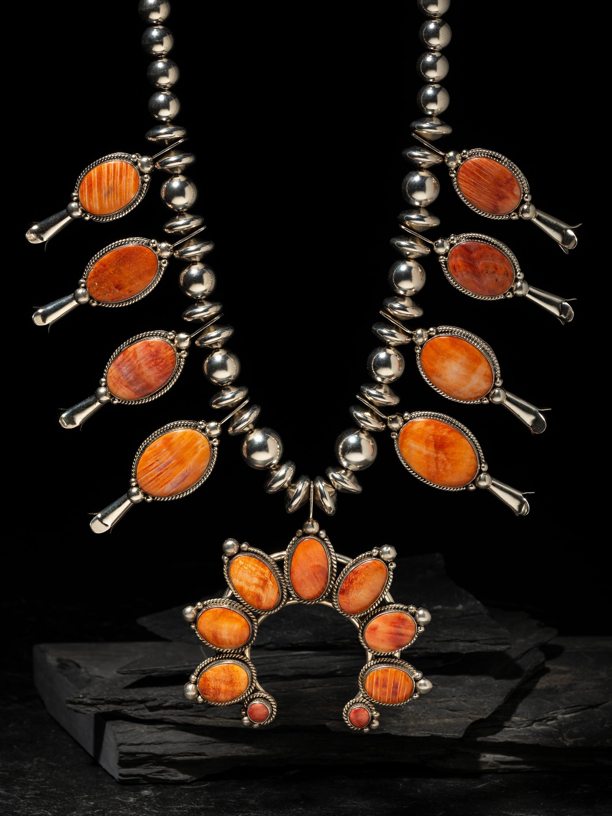 Navajo Sterling Silver and Spiny Oyster Squash Blossom Necklace