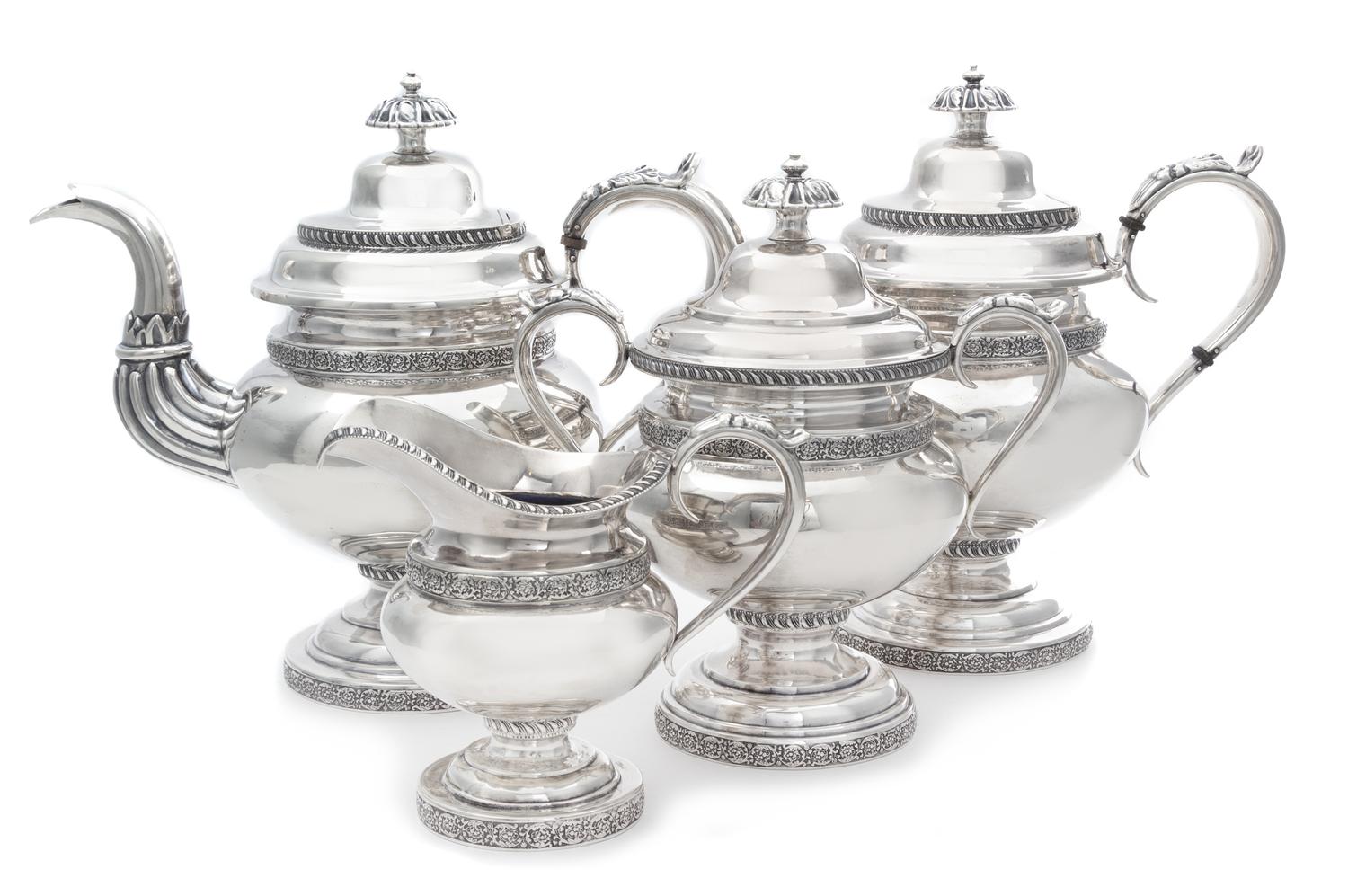 An American Silver Four-Piece Tea Service, New York, Circa 1840, comprising two teapots, a covered sugar and a creamer.