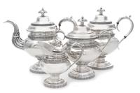 An American Silver Four-Piece Tea Service, New York, Circa 1840, comprising two teapots, a covered sugar and a creamer.