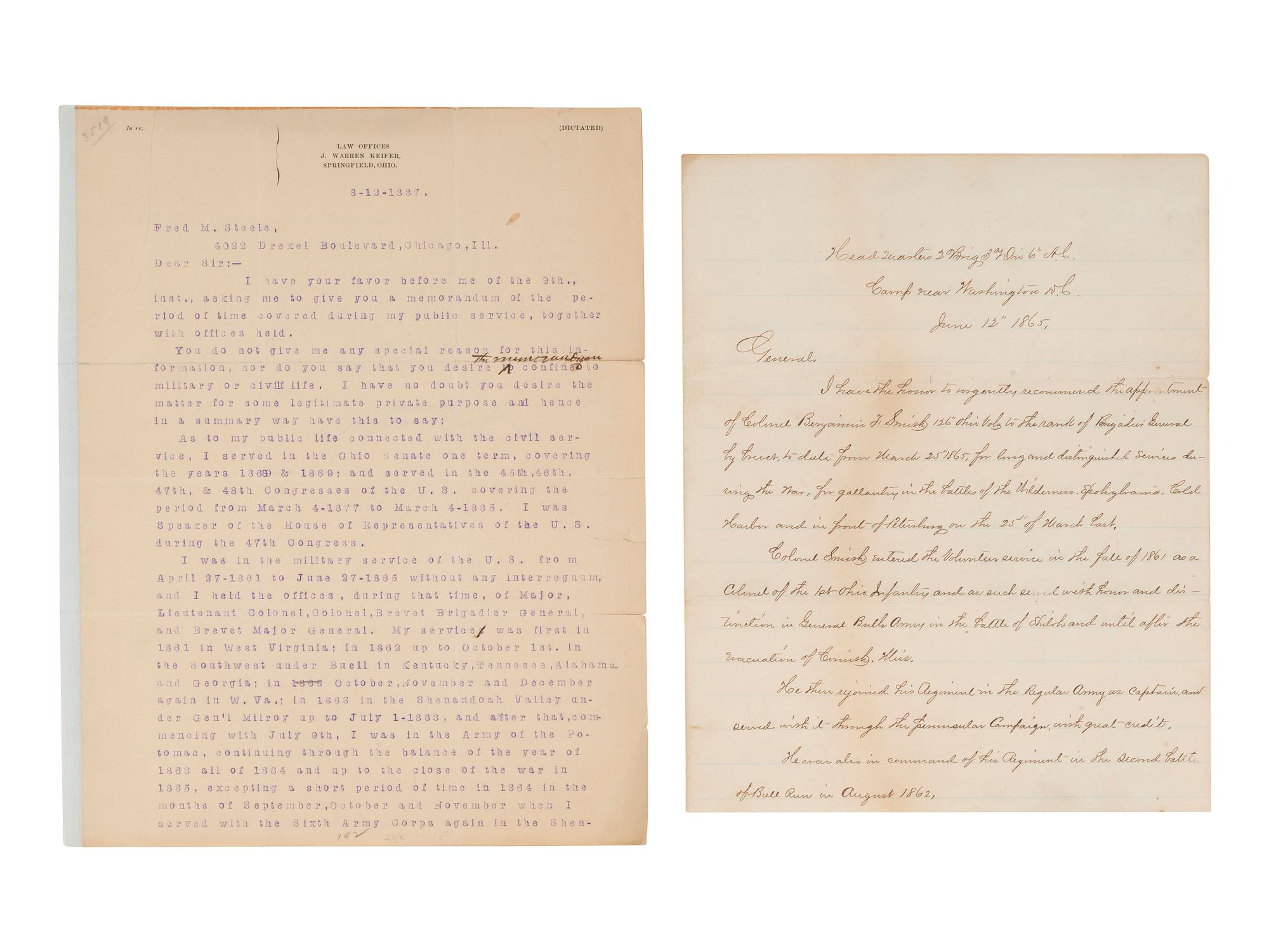 [CIVIL WAR]. General Joseph Warren KEIFER (1836-1932). 2 documents signed.