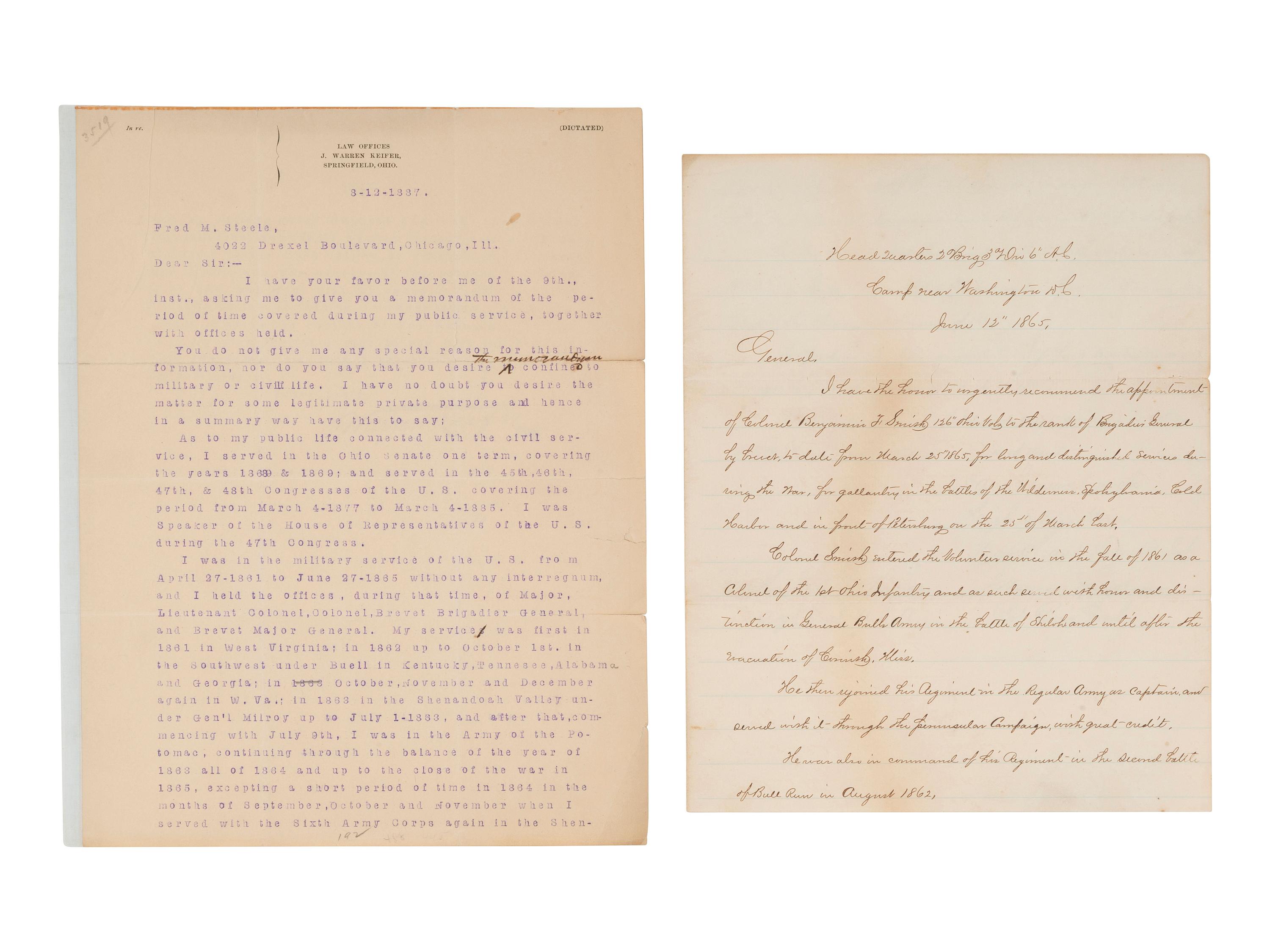 [CIVIL WAR]. General Joseph Warren KEIFER (1836-1932). 2 documents signed.
