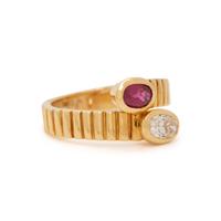 YELLOW GOLD, DIAMOND AND RUBY BYPASS RING