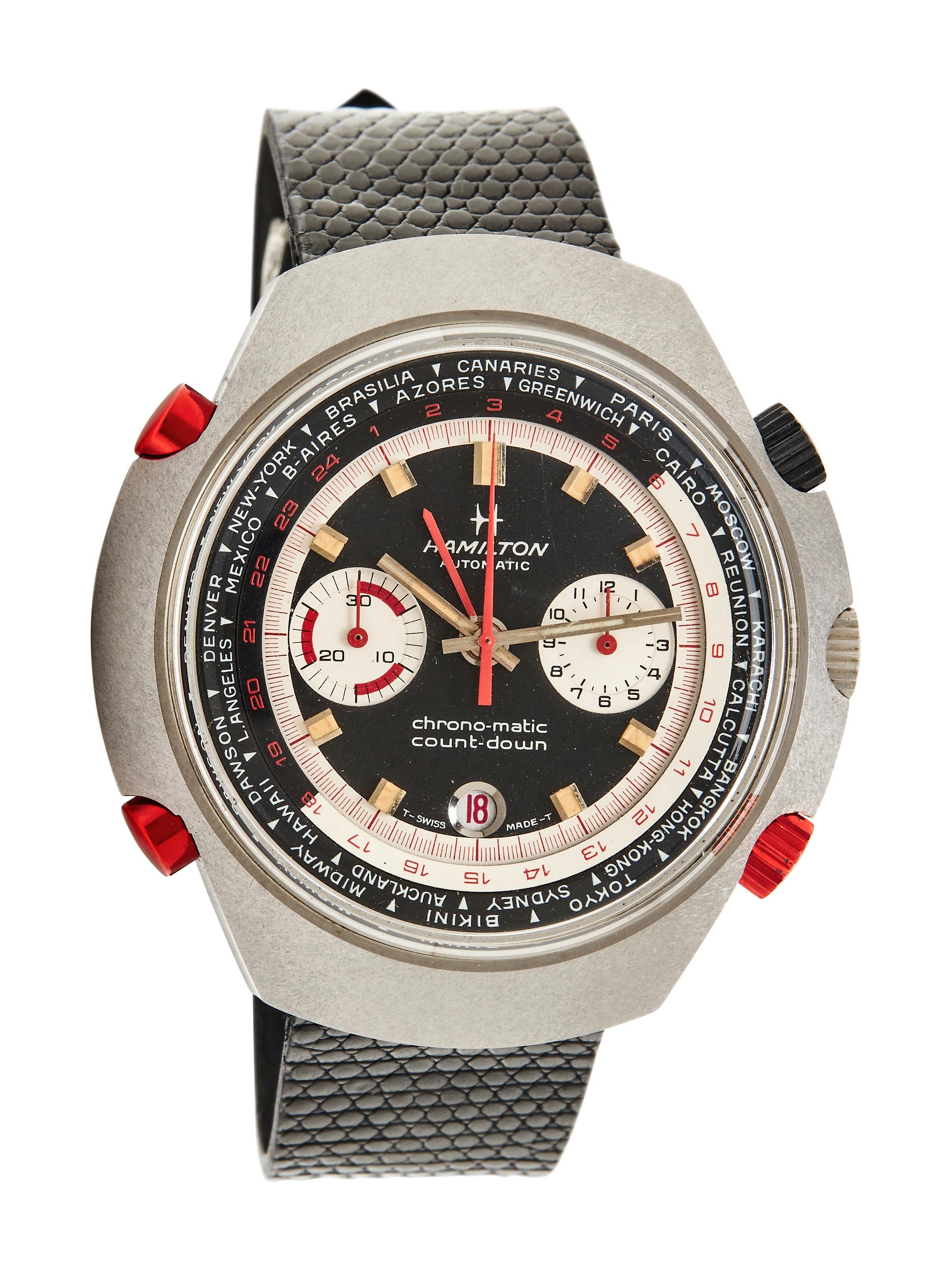 HAMILTON, REF. 141001-3 STAINLESS STEEL 'CHRONO-MATIC COUNT-DOWN GMT' WATCH