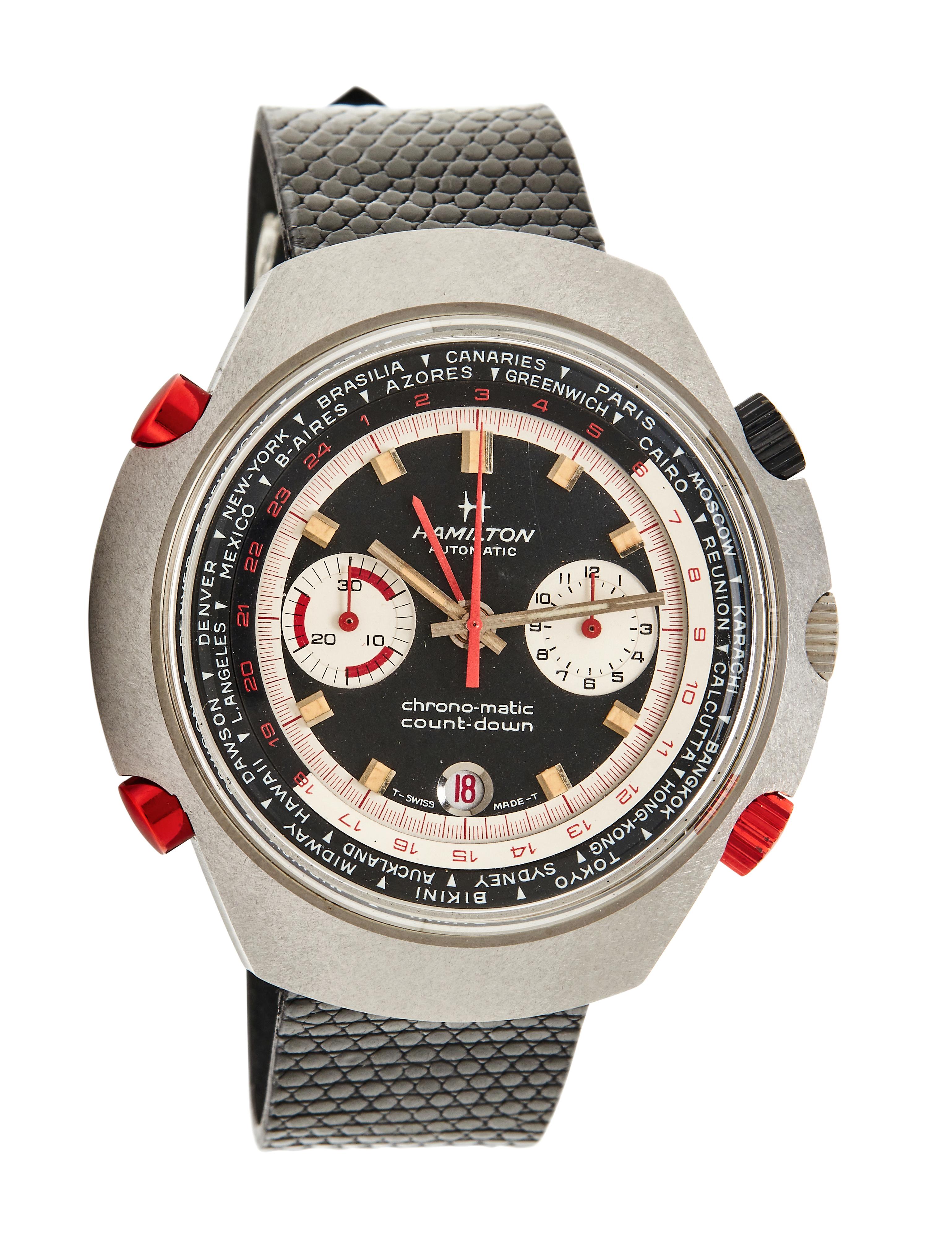 HAMILTON, REF. 141001-3 STAINLESS STEEL 'CHRONO-MATIC COUNT-DOWN GMT' WATCH