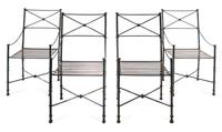 A Suite of Wrought Iron Patio Furniture Height of table 29 x width 36 x depth 36 inches. — 20TH CENTURY
