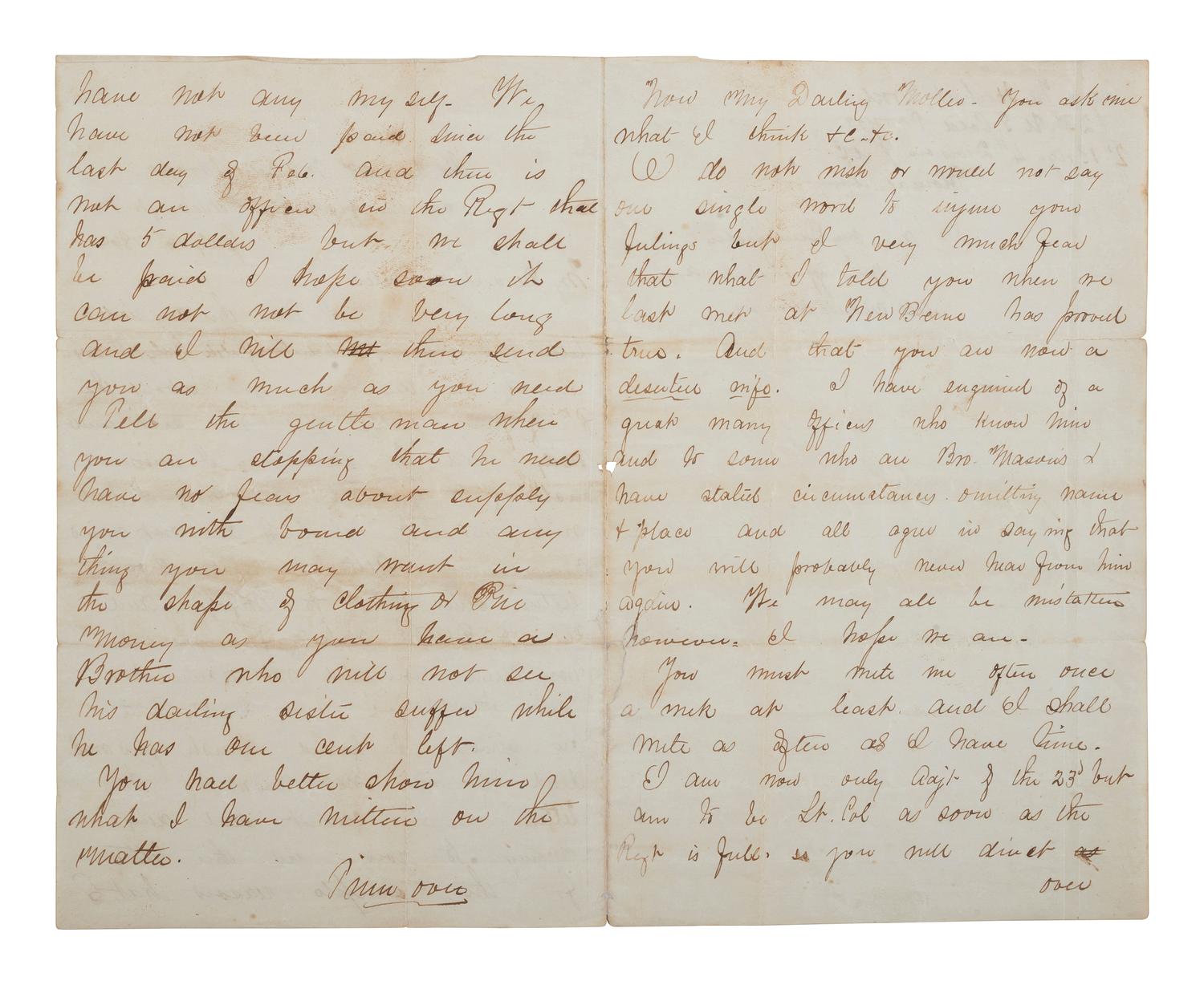 [CIVIL WAR]. Letter from Adjutant M. Herbert Wood, 23rd USCT, to his sister Mollie concerning her deserter husband.