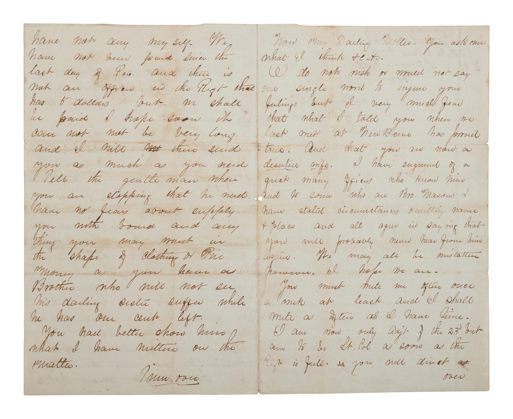 [CIVIL WAR]. Letter from Adjutant M. Herbert Wood, 23rd USCT, to his sister Mollie concerning her deserter husband.