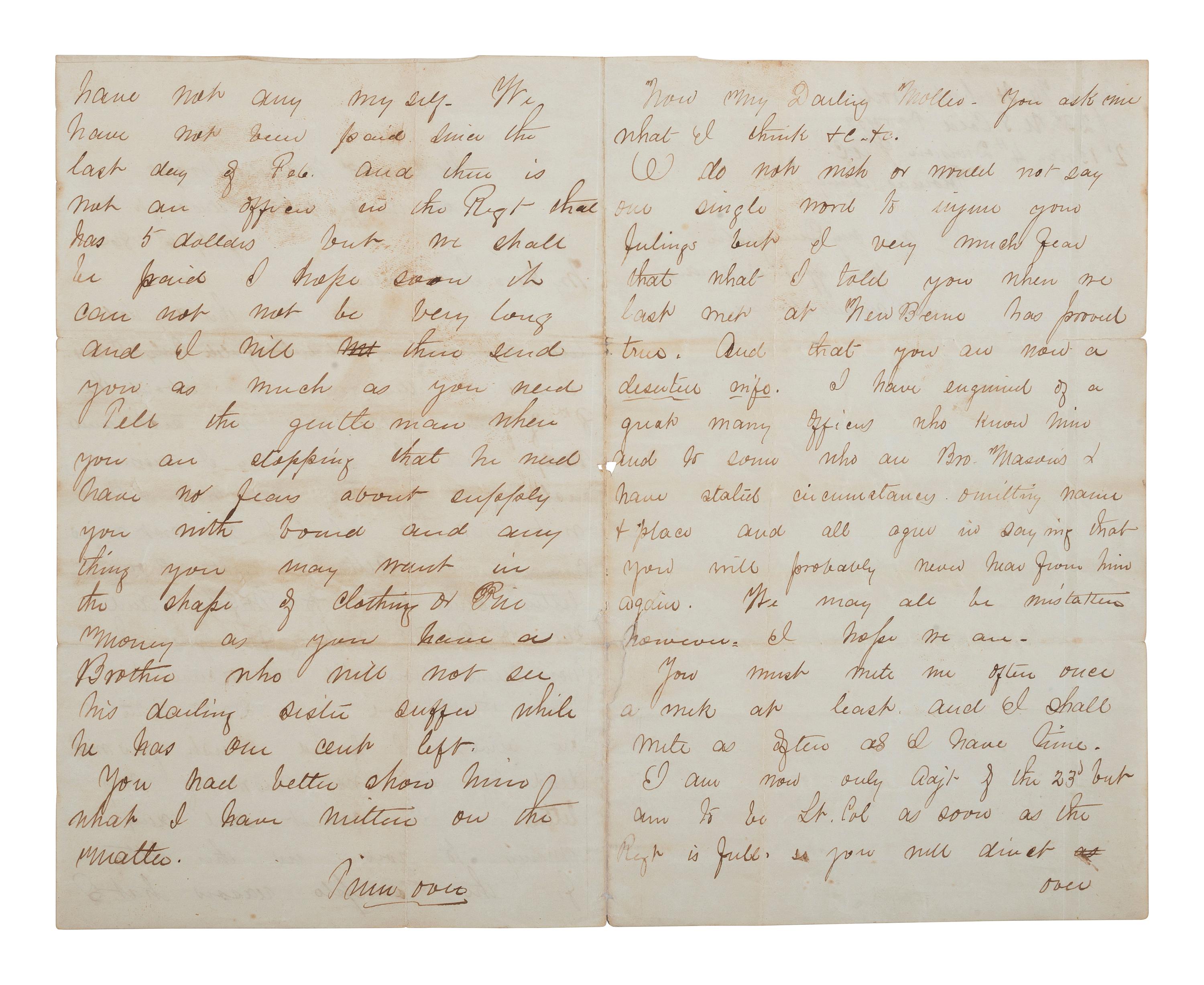 [CIVIL WAR]. Letter from Adjutant M. Herbert Wood, 23rd USCT, to his sister Mollie concerning her deserter husband.