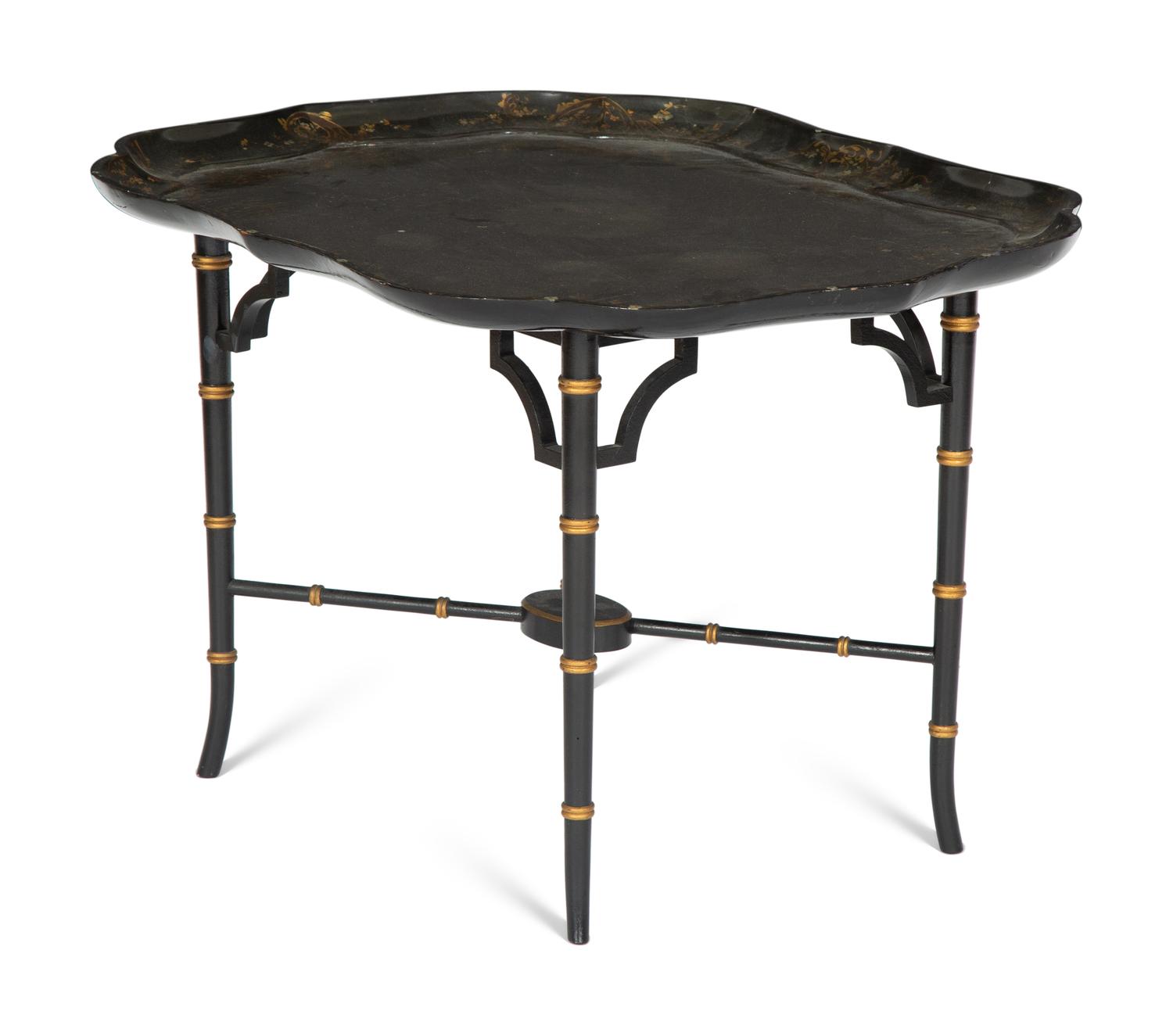 An Early Victorian Black Lacquered Papier Mache Tray on Stand