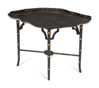 An Early Victorian Black Lacquered Papier Mache Tray on Stand