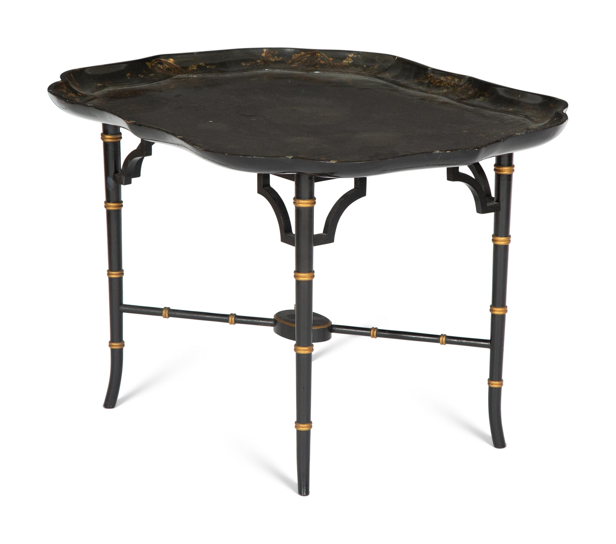 An Early Victorian Black Lacquered Papier Mache Tray on Stand