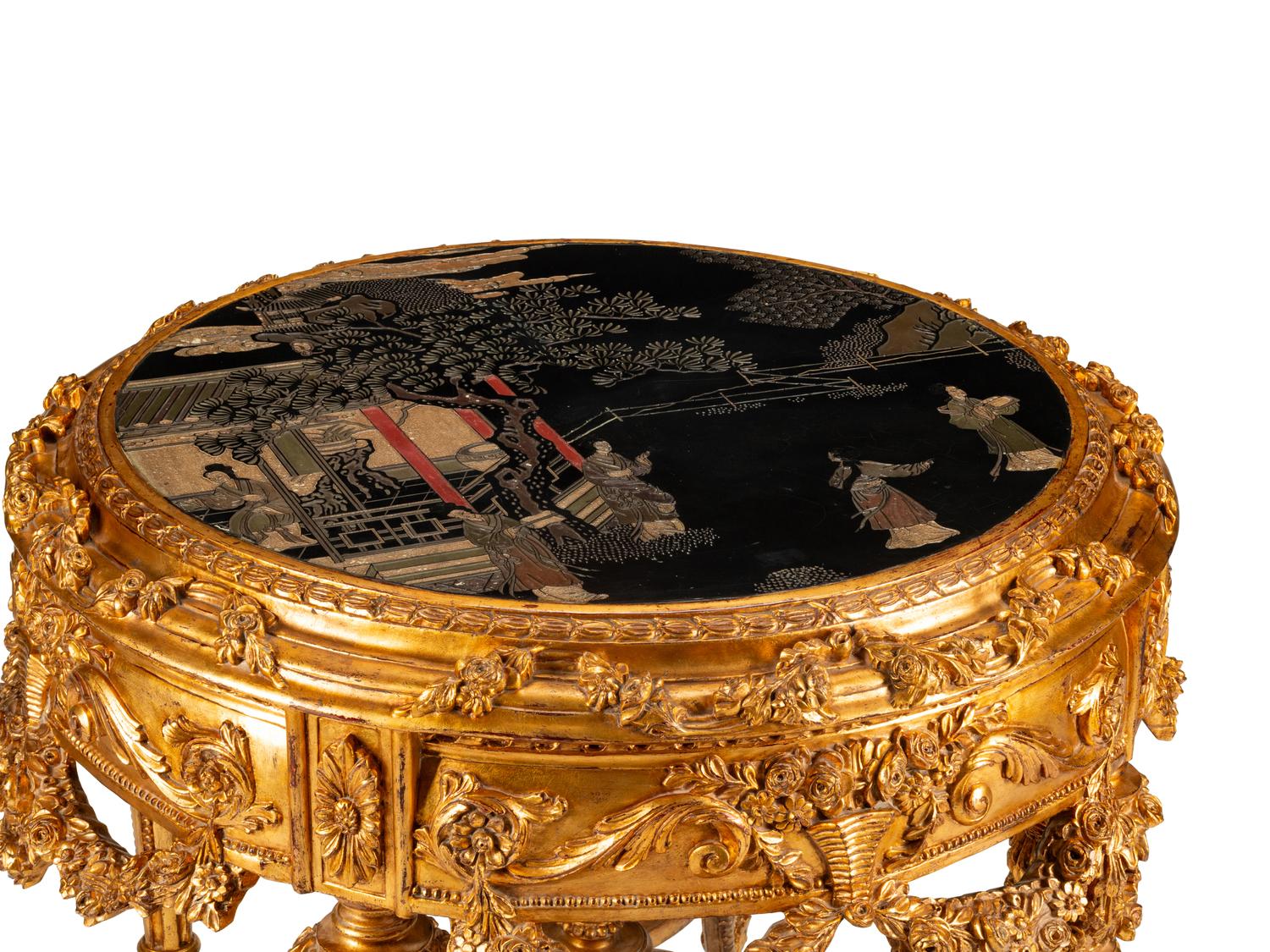 A Continental Giltwood Center Table with a Chinese Lacquer Top