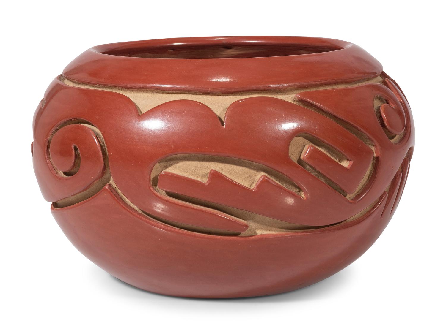 Carved Redware Pottery Bowl