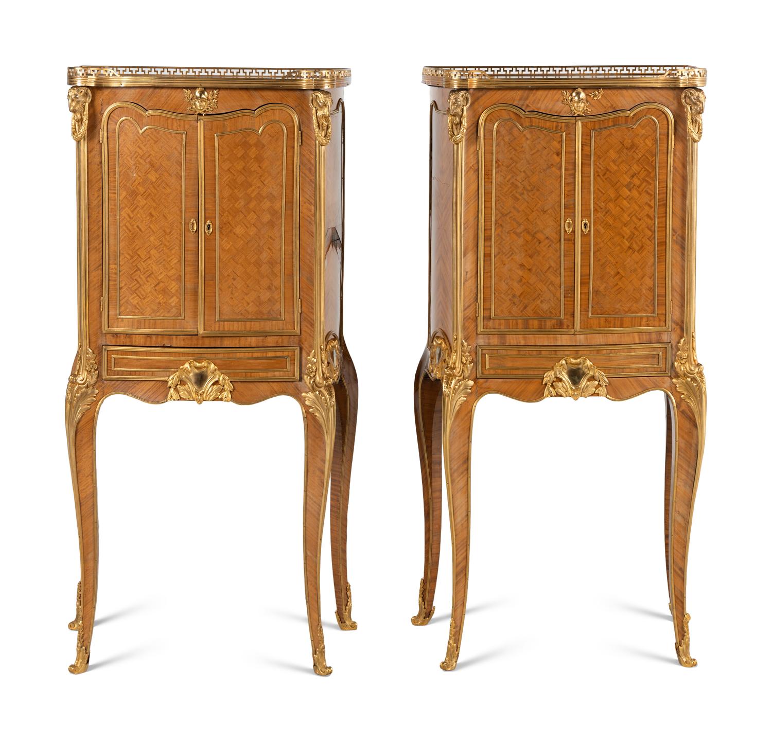 A Pair of Louis XV/XVI Transitional Style Gilt Bronze Mounted Parquetry Cabinets
