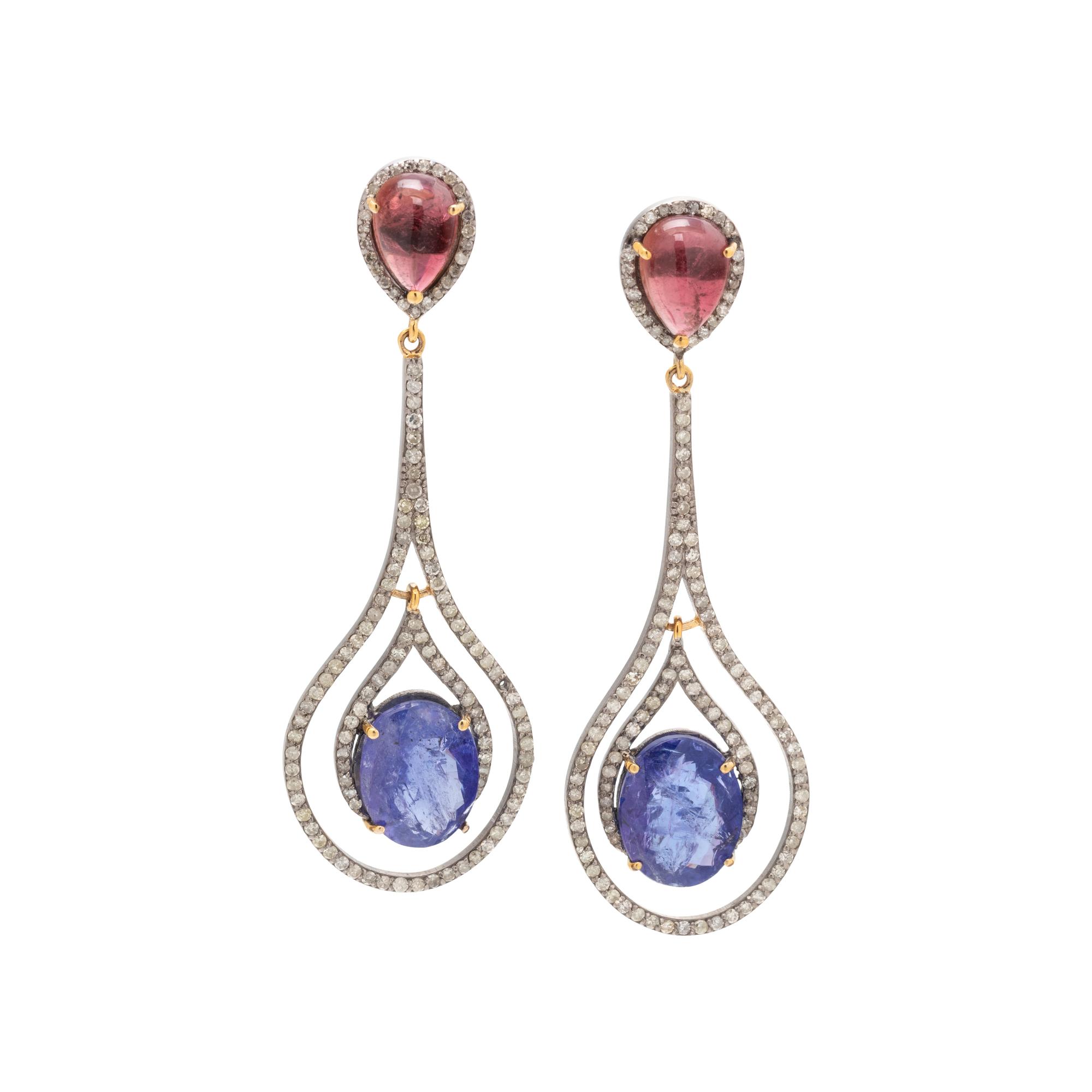 TANZANITE, PINK TOURMALINE AND DIAMOND EARRINGS