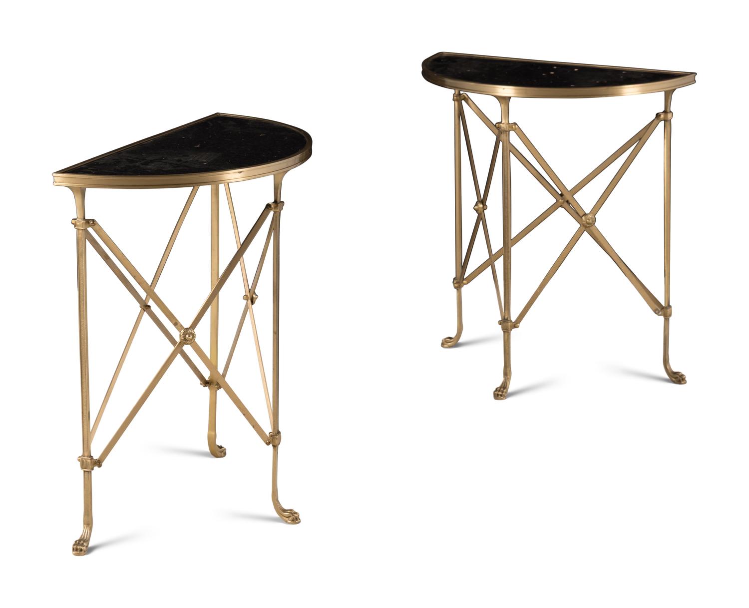 A Pair of Empire Style Gilt Bronze and Marble-Top Demilune Console Tables