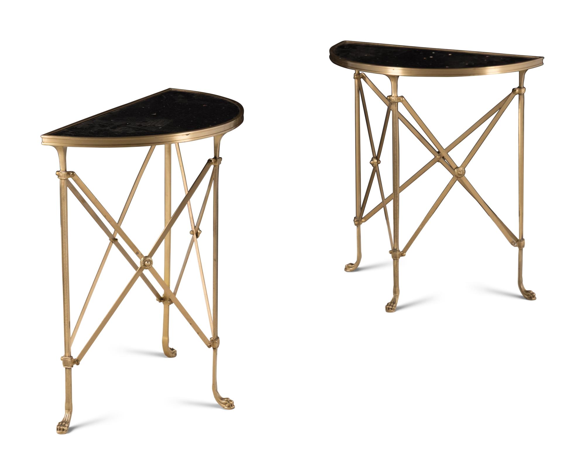 A Pair of Empire Style Gilt Bronze and Marble-Top Demilune Console Tables