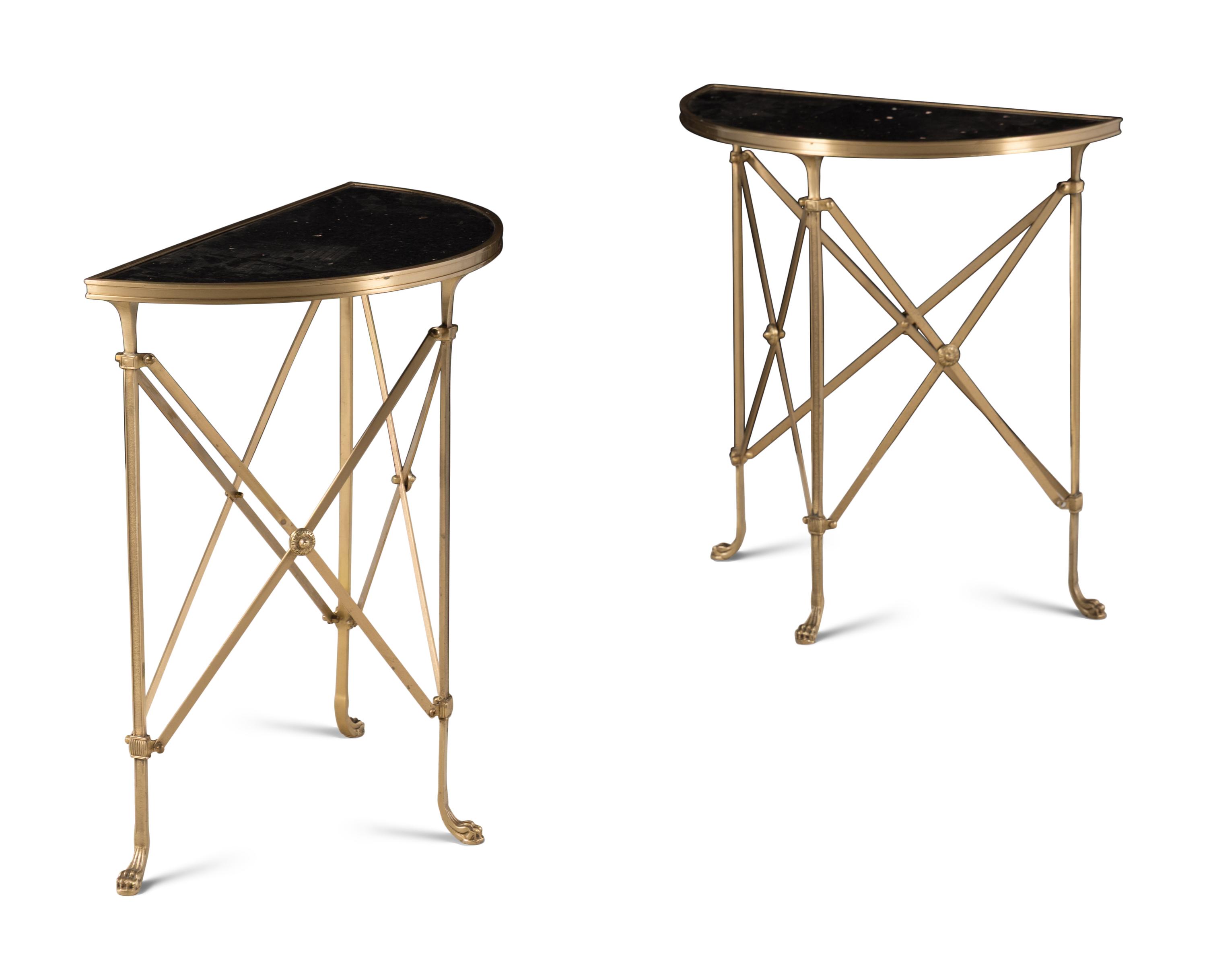 A Pair of Empire Style Gilt Bronze and Marble-Top Demilune Console Tables