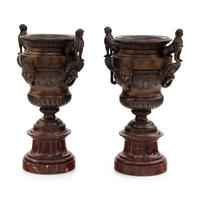 A Pair of Renaissance Revival Bronze and Marble Urns
