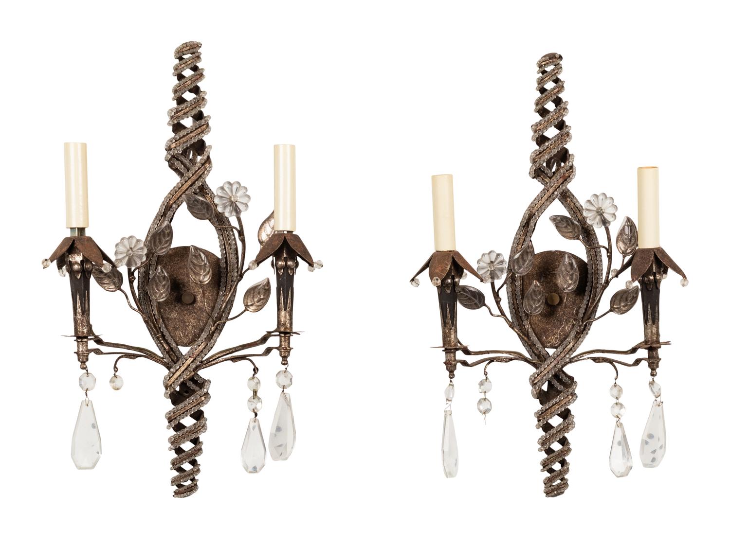 A Pair of Italian Beaded and Cut-Glass Mounted Silvered Metal Two-Light Sconces
