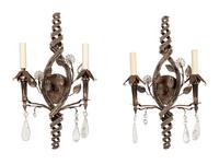 A Pair of Italian Beaded and Cut-Glass Mounted Silvered Metal Two-Light Sconces