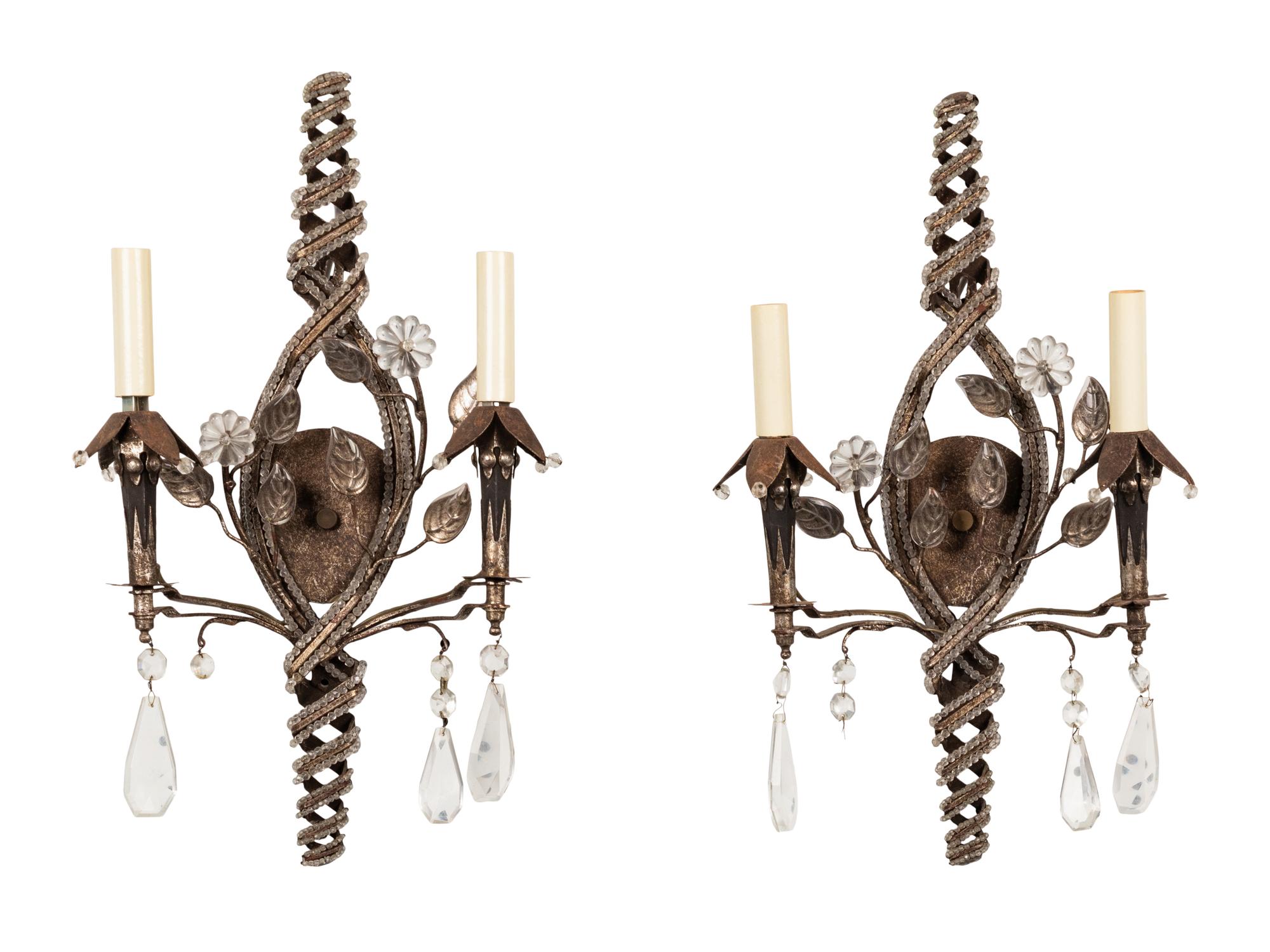 A Pair of Italian Beaded and Cut-Glass Mounted Silvered Metal Two-Light Sconces