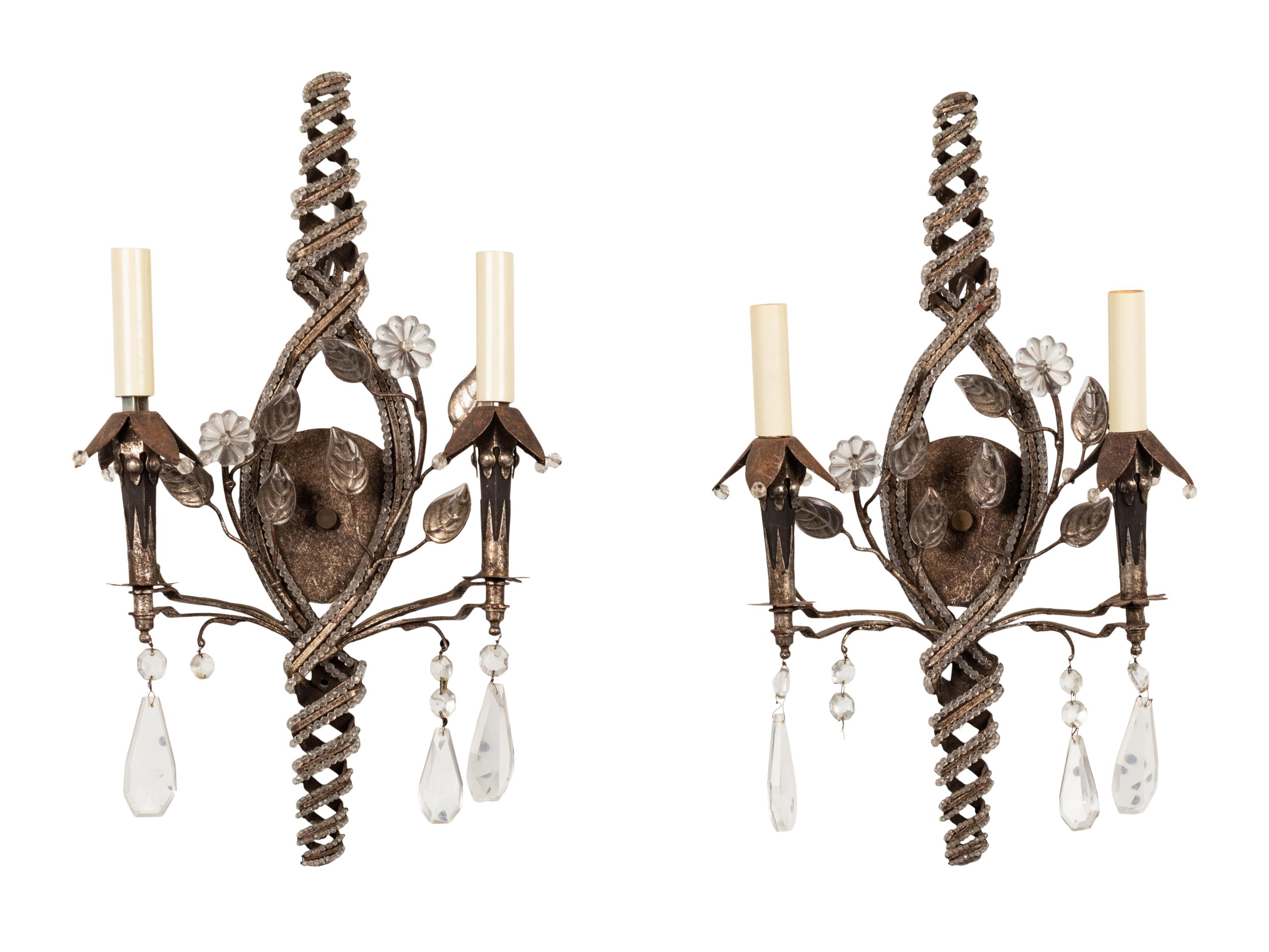 A Pair of Italian Beaded and Cut-Glass Mounted Silvered Metal Two-Light Sconces