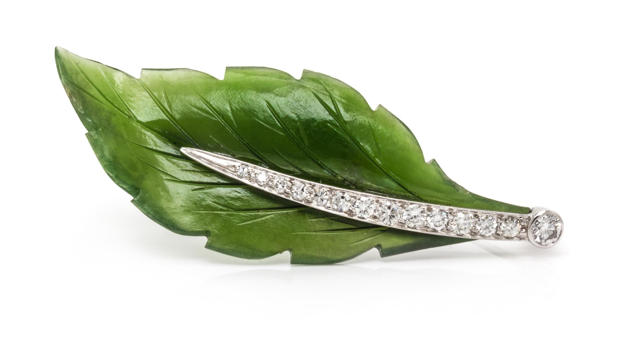 A Platinum, Jade and Diamond Leaf Motif Brooch, 4.20 dwts.