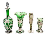 Four Silver Overlay Glass Articles Height of tallest 10 inches.