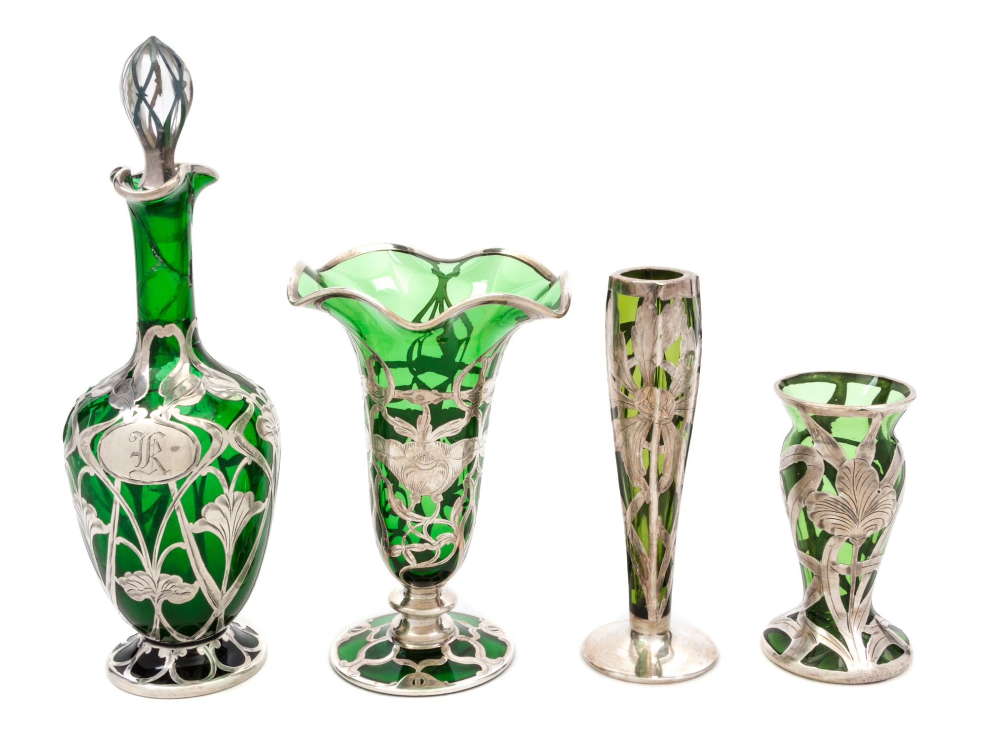 Four Silver Overlay Glass Articles Height of tallest 10 inches.