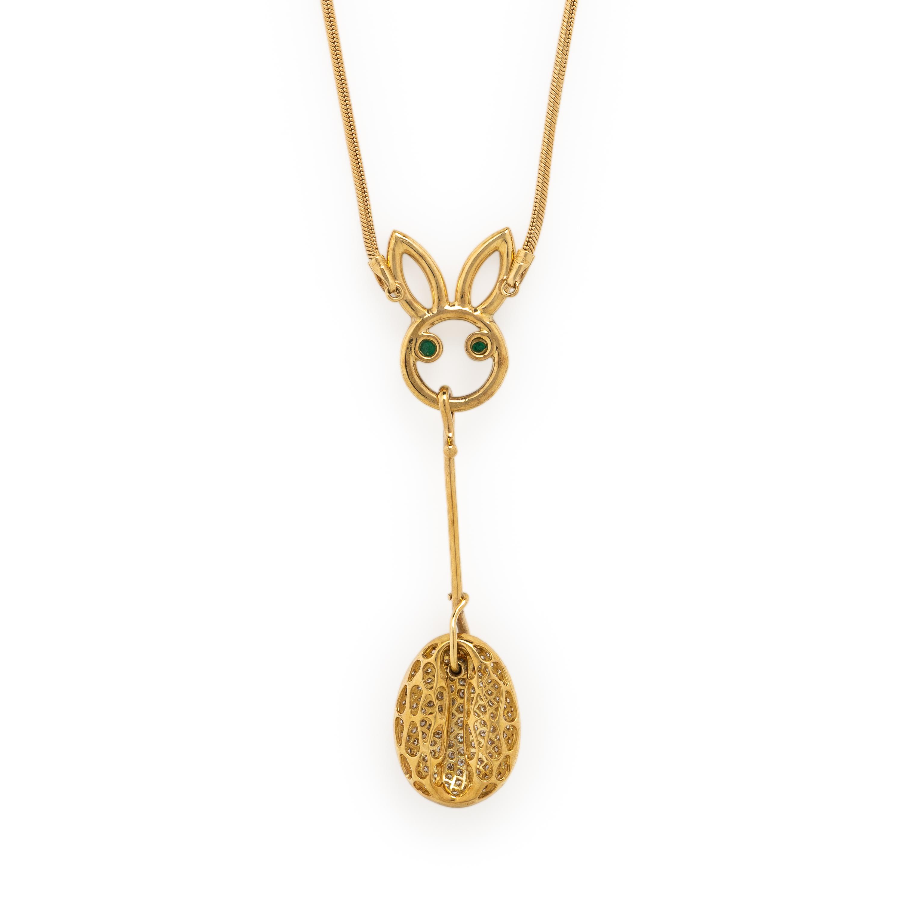 Yellow Gold, Diamond, and Emerald Bunny Necklace