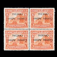 {PHILATELY} [SURCHARGE ERROR] NICARAGUA. Airmail. 1932. 15c. Orange Red (#CO4a & CO4aVAR), Block of Four, Inverted Surcharge, Position 4 Error "Ofiaial" Printed Instead of "Oficial"