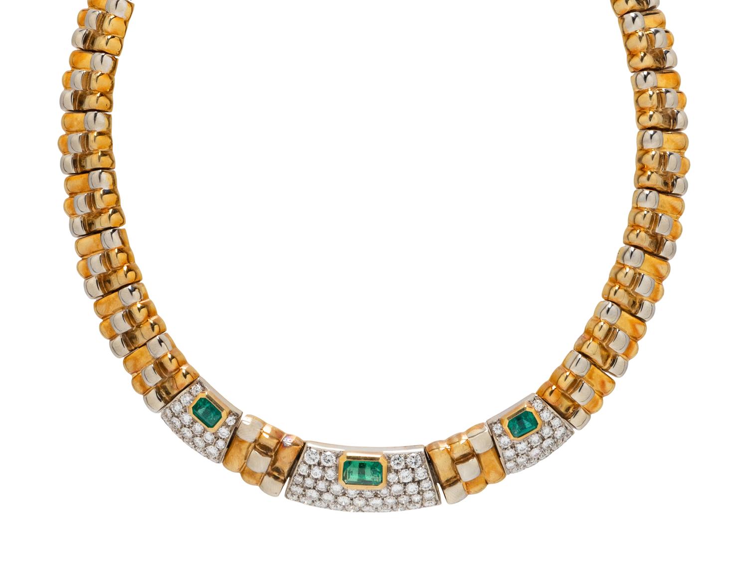 BICOLOR GOLD, EMERALD, AND DIAMOND NECKLACE AND EARRINGS