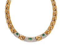 BICOLOR GOLD, EMERALD, AND DIAMOND NECKLACE AND EARRINGS