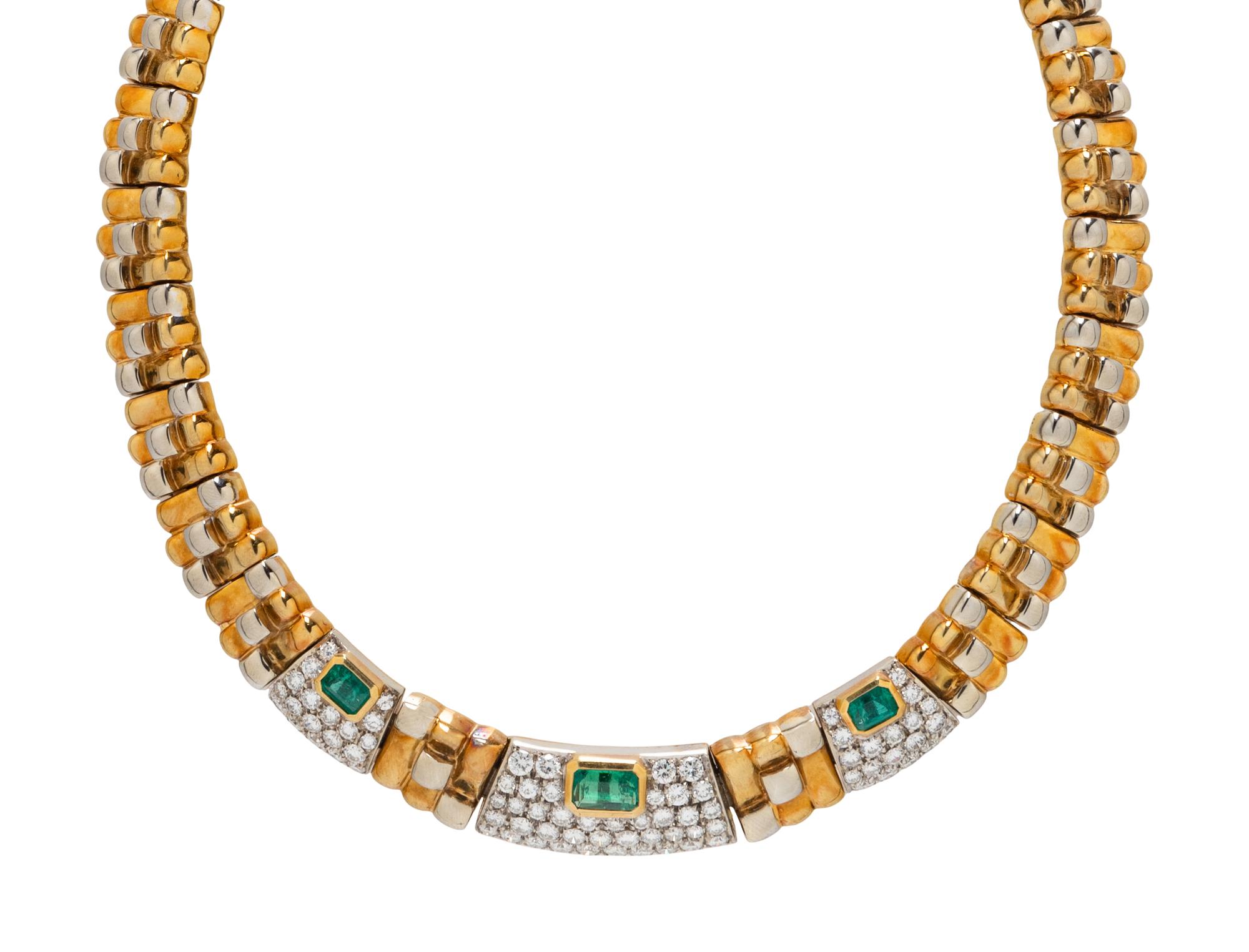 BICOLOR GOLD, EMERALD, AND DIAMOND NECKLACE AND EARRINGS