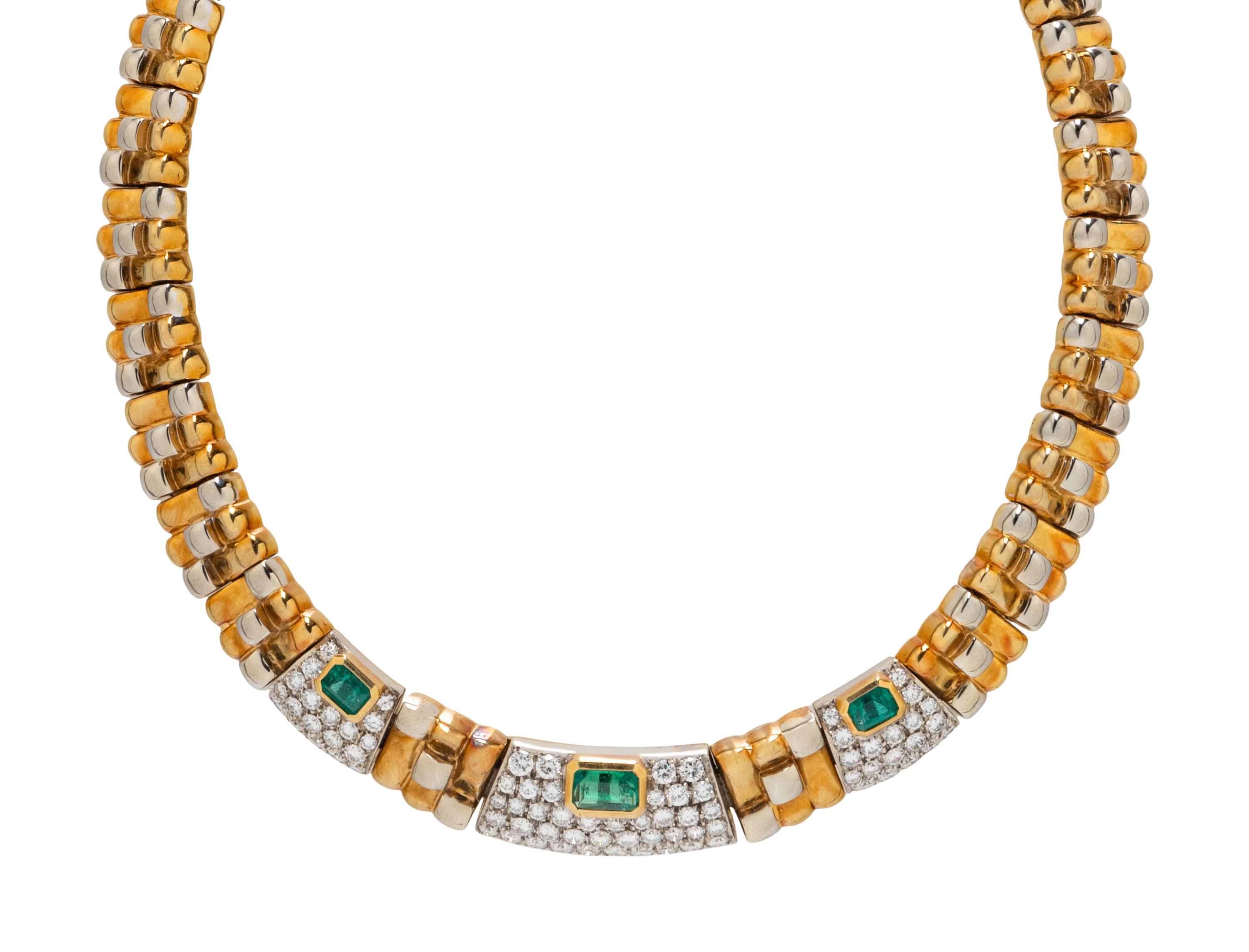 BICOLOR GOLD, EMERALD, AND DIAMOND NECKLACE AND EARRINGS