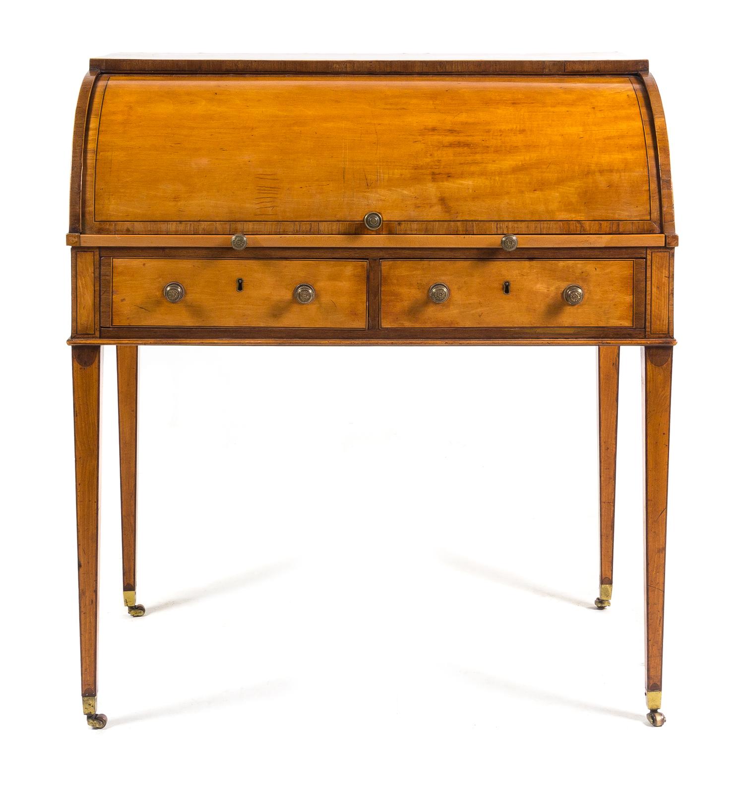 A George III Satinwood Cylinder Bureau Height 40 1/2 x width 36 1/4 x depth 21 1/2 inches. — LATE 18TH CENTURY