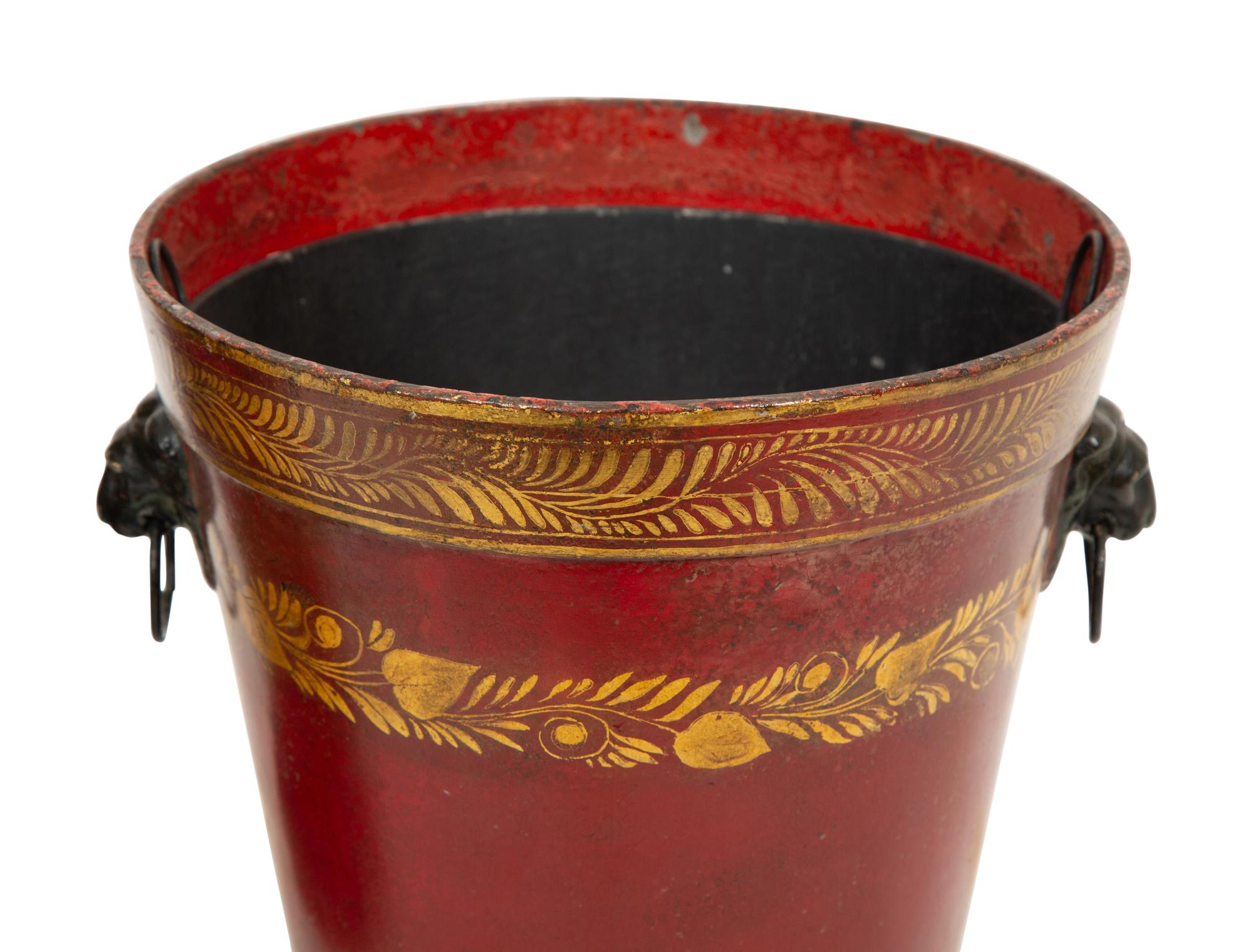 A Pair of French Red and Gilt Tole Peinte Cache Pots
