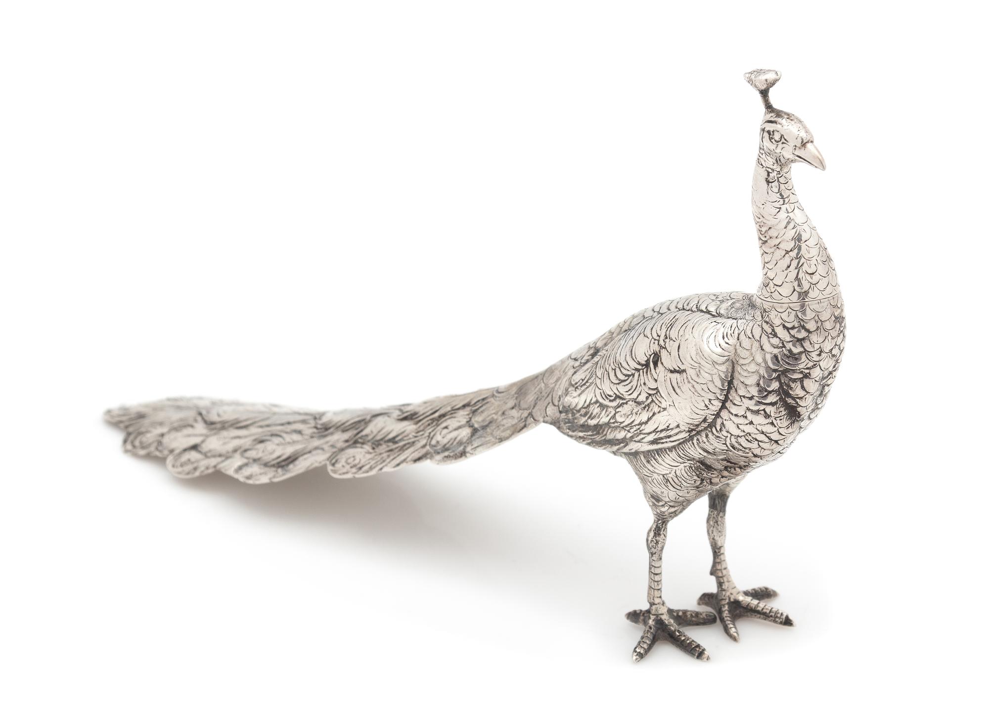 A German Silver Zoomorphic Table Ornament, Early 20th Century, in the form of a peacock.