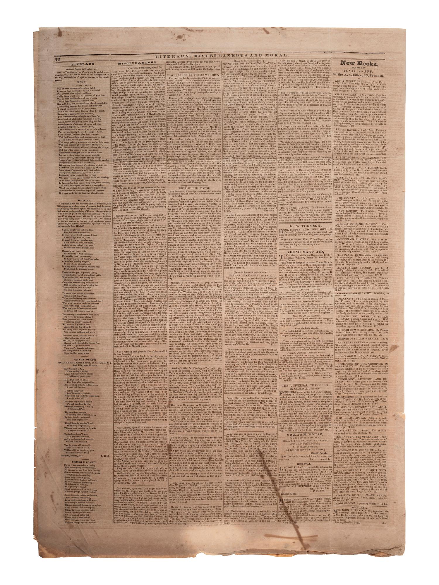 [ABOLITION] The Liberator . 1837 copy attrib. to prominent Quakers active in the Underground Railroad