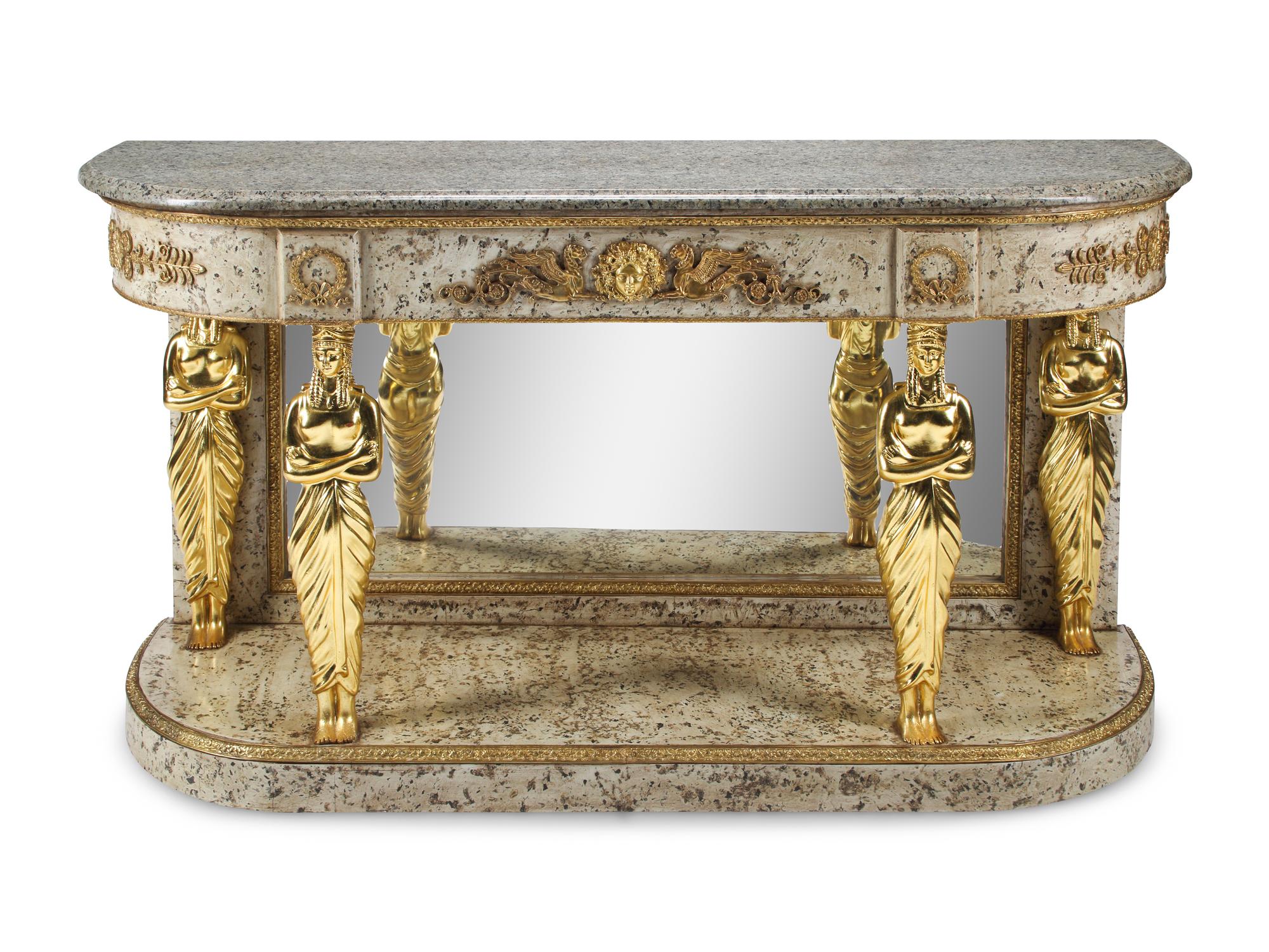 A Directoire Style Painted and Parcel-Gilt Granite-Top Console Table