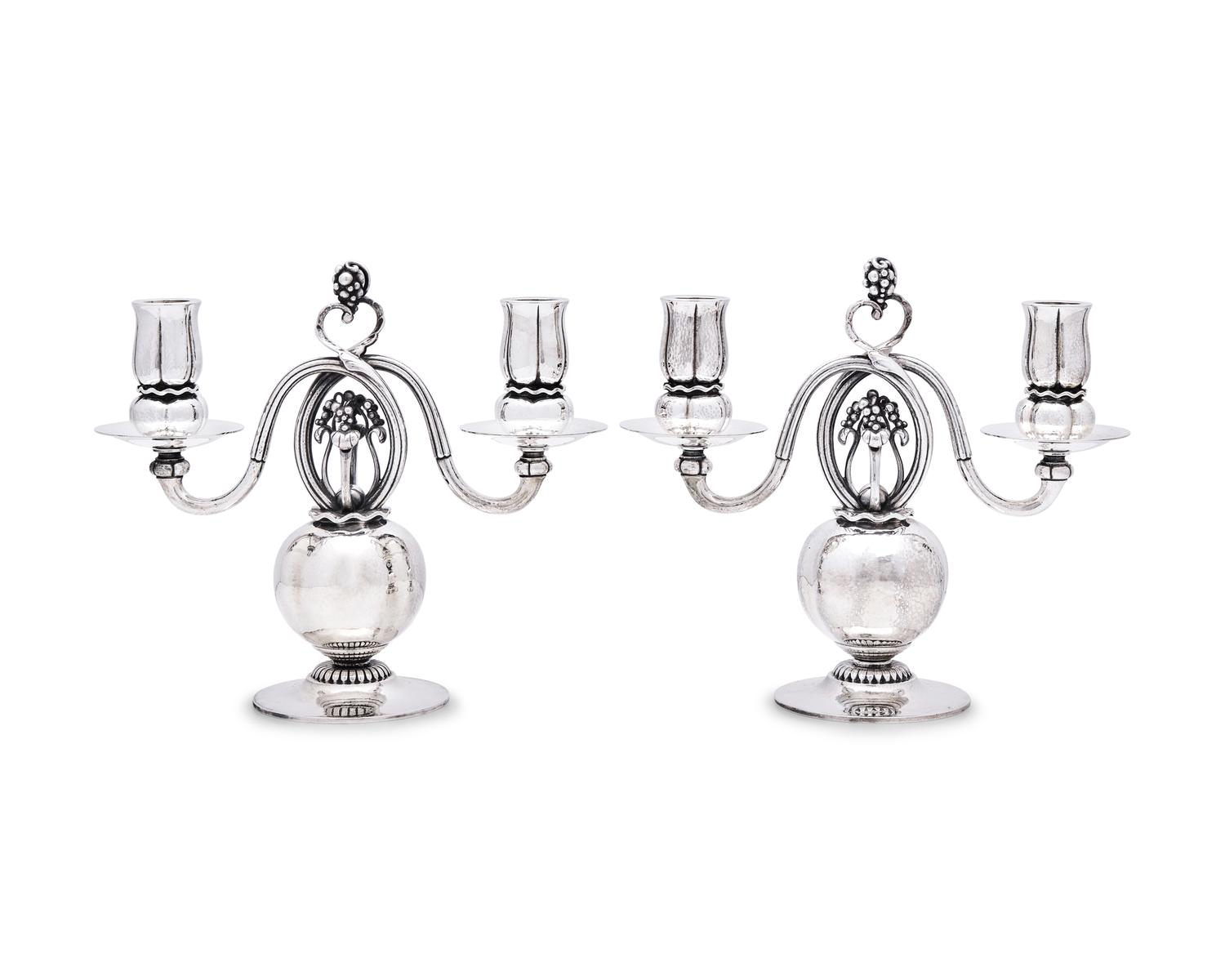 A Pair of Georg Jensen Silver Two-Light Candelabra