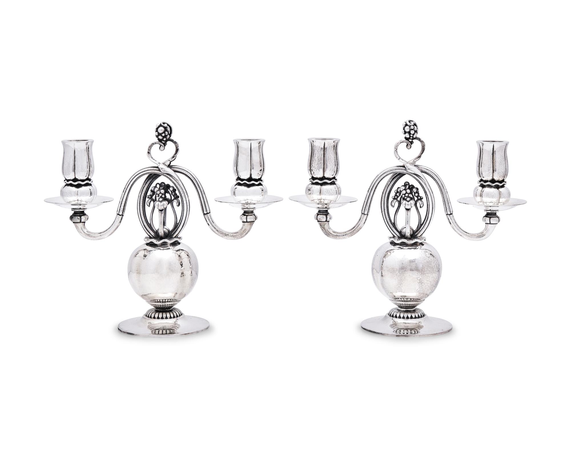 A Pair of Georg Jensen Silver Two-Light Candelabra