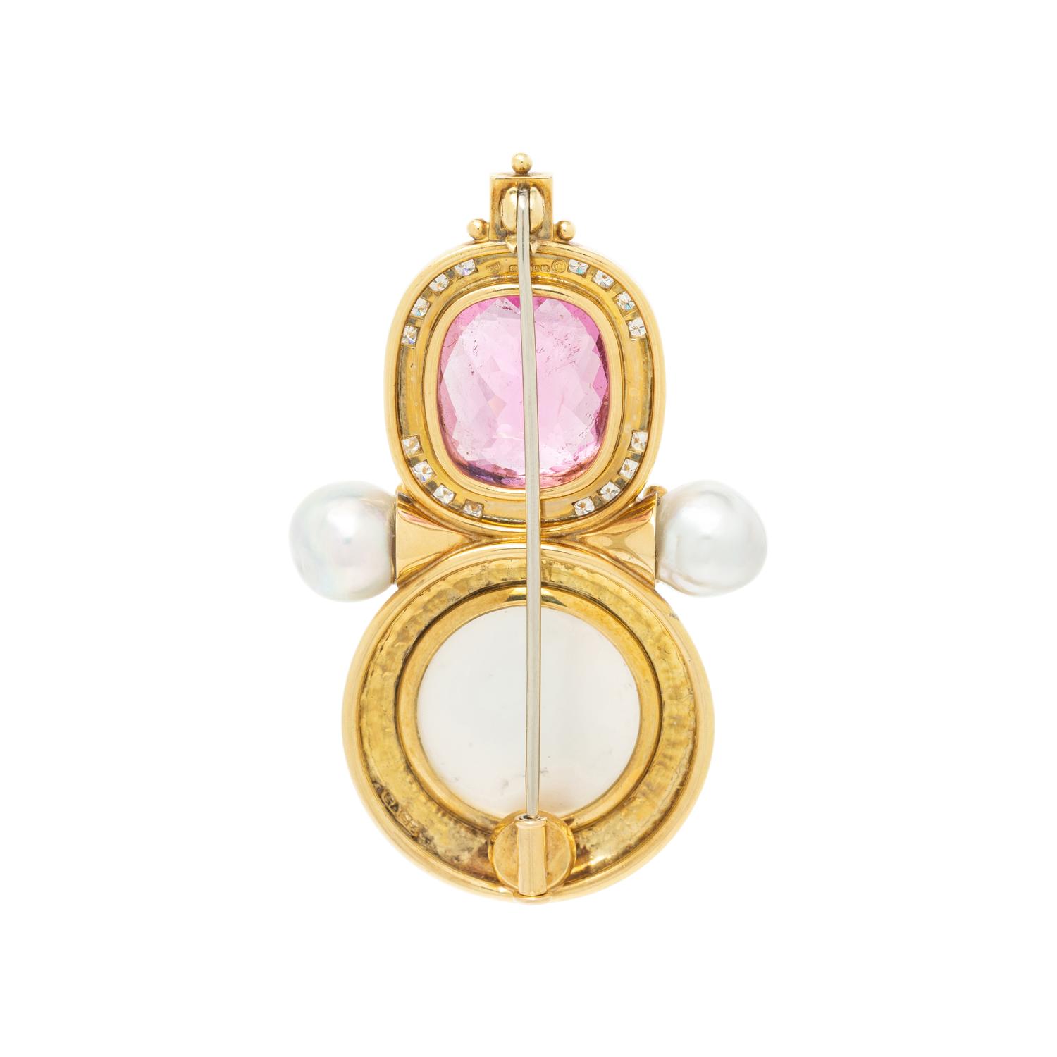 ELIZABETH GAGE, YELLOW GOLD AND MULTIGEM BROOCH