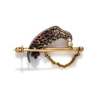 SILVER-TOPPED GOLD, DIAMOND, AND RUBY PARROT BROOCH