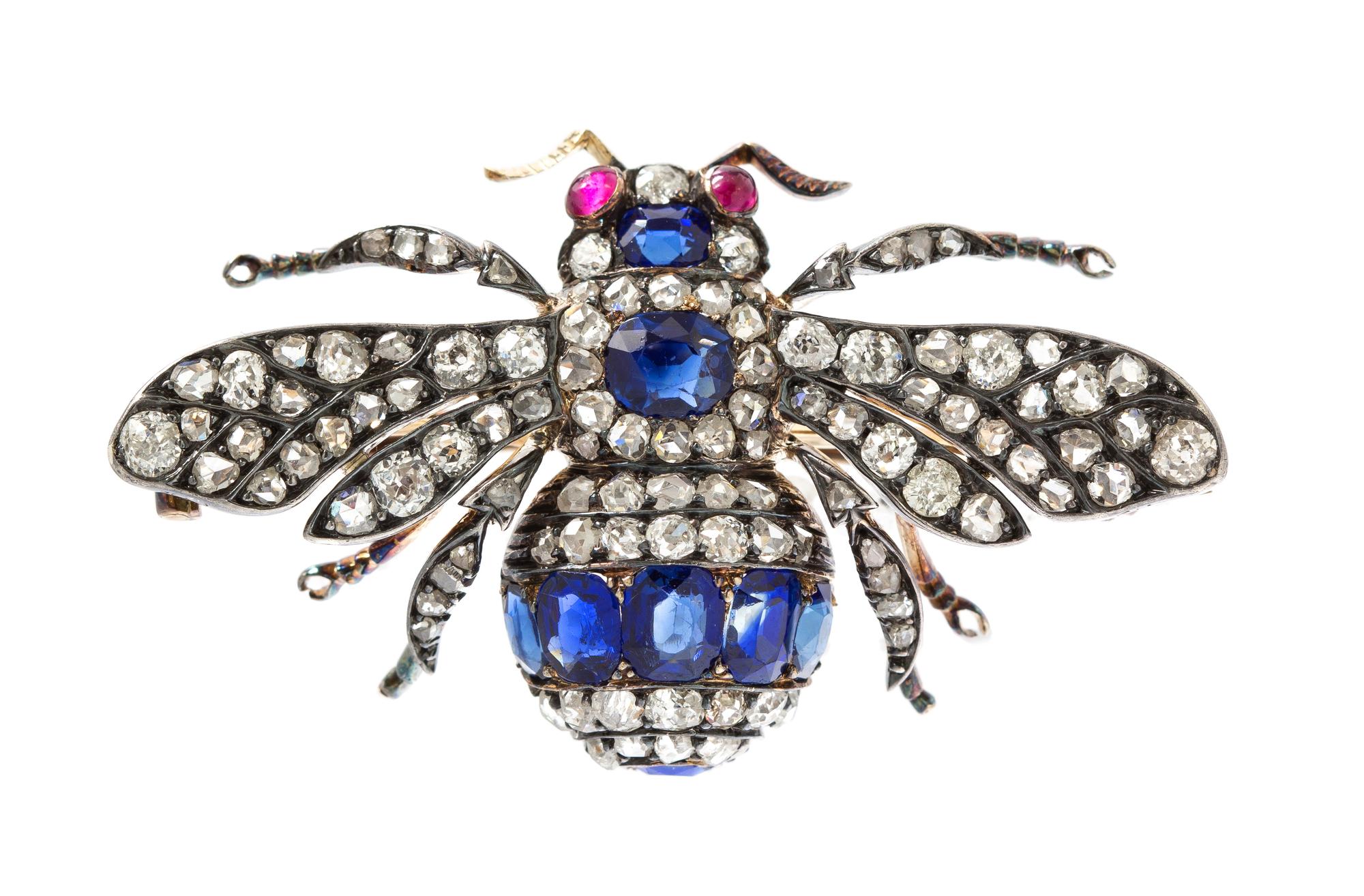 A Fine Victorian Silver Topped Gold, Sapphire and Diamond Bee Brooch, 7.65 dwts.