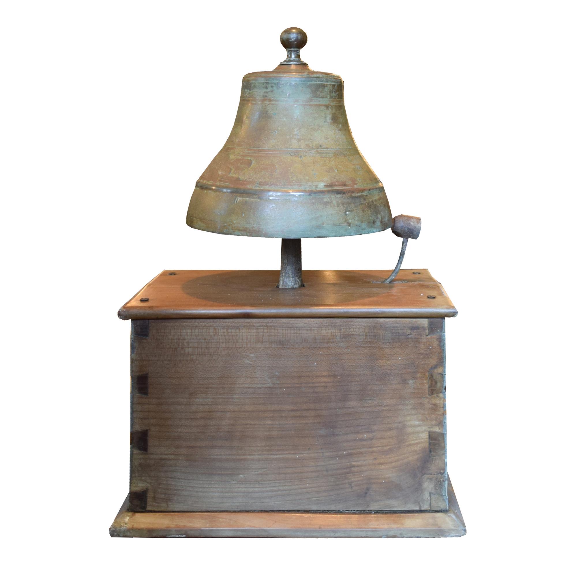 A Bronze Time Clock Bell on Wood Base 12" W x 8" D x 19" H — Italy