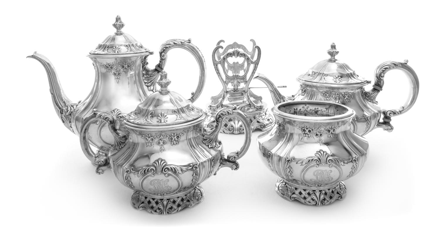 An American Silver Four-Piece Tea and Coffee Service, Jennings Silver Co., Irvington, NY, comprising a teapot, a coffee pot, a covered